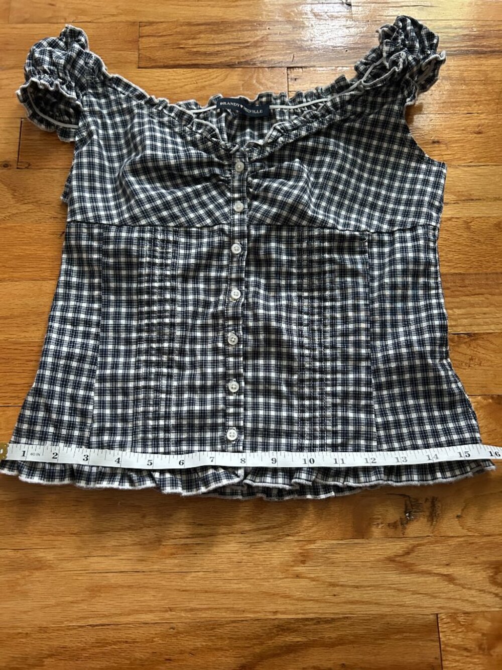 Brandy Melville Dark Blue Gingham Top Women's Ruffled Sleeves Neckline Button-Up - Picture 11 of 11